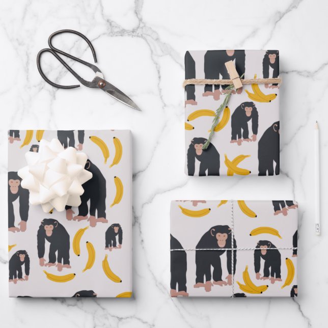 Monkey Chimpanzee & Banana Pattern Wrapping Paper Sheet (Front)