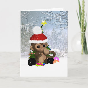 Monkey Christmas Card, Cute Monkey In Snow Holiday Card