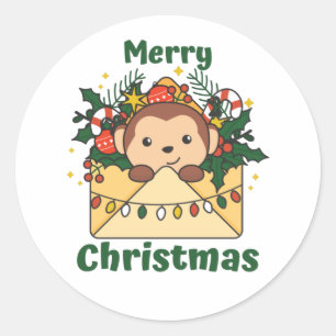 Monkey Christmas Letter Winter Animals Monkeys Classic Round Sticker