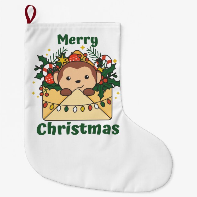 Monkey Christmas Letter Winter Animals Monkeys Large Christmas Stocking (Front)