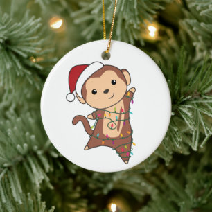 Monkey Christmas Snow Winter Animals Monkeys Adult Ceramic Tree Decoration