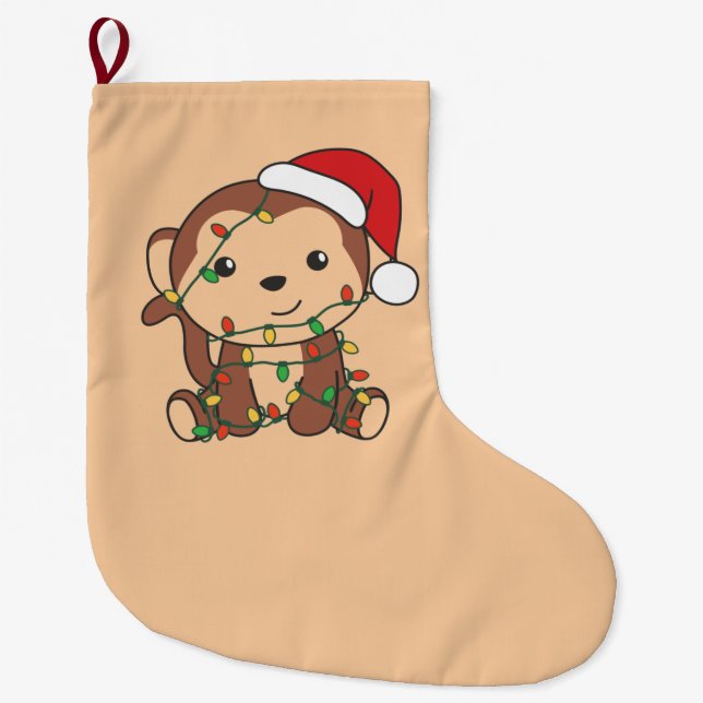Monkey Christmas Winter Animals Monkeys Large Chri Large Christmas Stocking (Front)