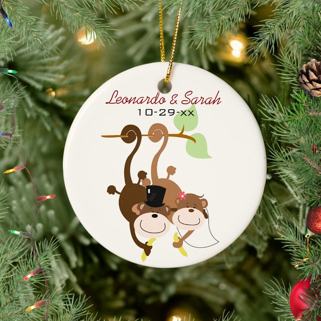 Monkey Couple Circle Custom Ornament (Cute Monkey Couple Wedding Anniversary Ornament)