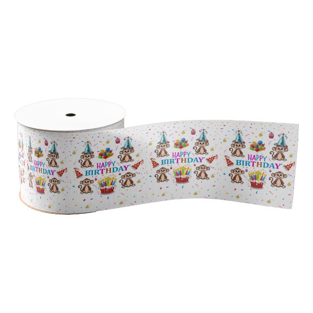 Monkey Cupcake Happy Birthday Ribbon Grosgrain Ribbon (Spool)