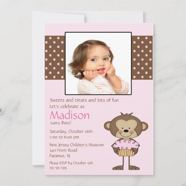Monkey Cupcake Photo Birthday Invitation (Front)