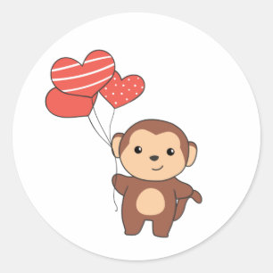 Monkey Cute Animals With Heart Balloons valentine  Classic Round Sticker