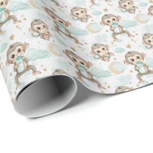 Monkey Cute Baby Pastel Watercolor Pattern  Wrapping Paper