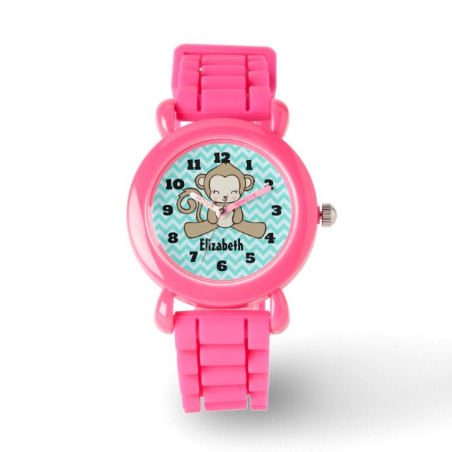 Monkey Cute & Kawaii On Blue Chevron Personalised Watch (Front)
