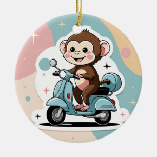 Monkey driving a scooter ceramic tree decoration