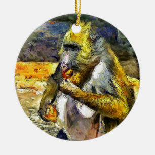 Monkey eating ceramic tree decoration