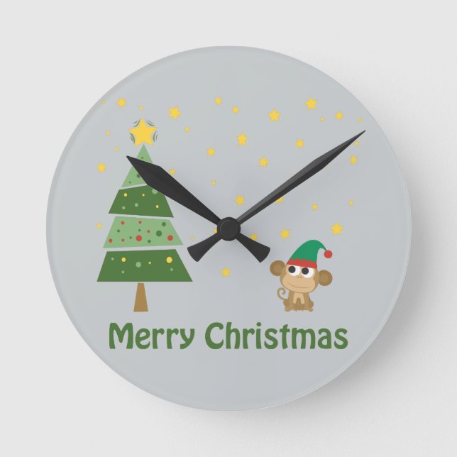 Monkey Elf Christmas Scene Round Clock (Front)