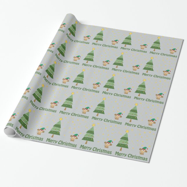 Monkey Elf Christmas Scene Wrapping Paper (Unrolled)