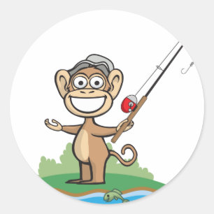 Monkey Fishing Classic Round Sticker