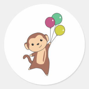 Monkey Flies Up With Balloons Upstairs Sweet Classic Round Sticker