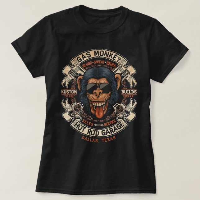 Monkey Gas Crossed Pistons Ribbon Logo  T-Shirt (Design Front)