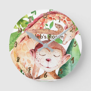 Monkey & Giraffe Watercolor Animals Personalised Round Clock