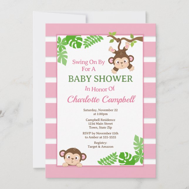 Monkey Girl Baby Shower Invitation, Pink Monkey In Invitation (Front)