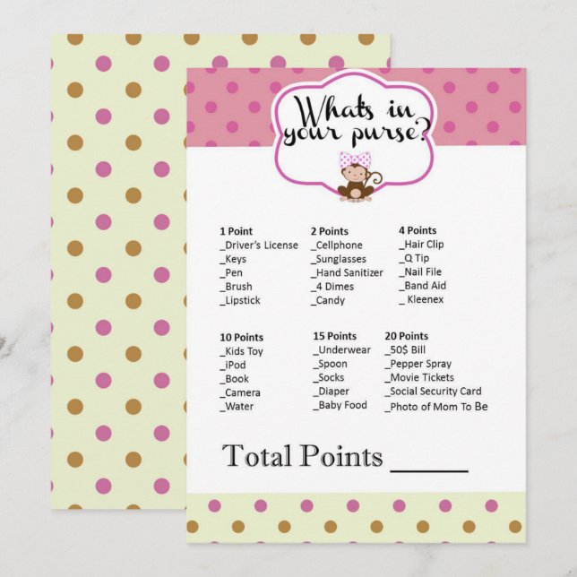 Monkey Girl Baby Shower What's in Your Purse Game Invitation (Front/Back)