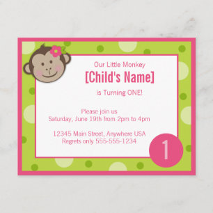 Monkey Girl Green and Pink Birthday Invitation 4.2