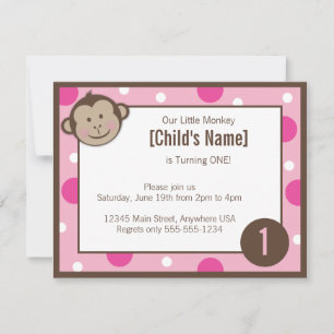 Monkey Girl Pink Birthday Invitation 4.25" x 5.5