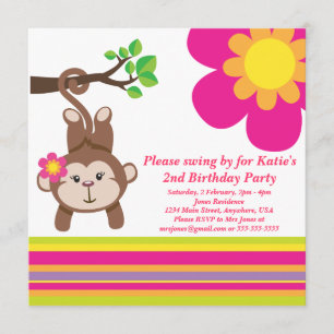 Monkey Girl (Pink) Birthday Party Invitation
