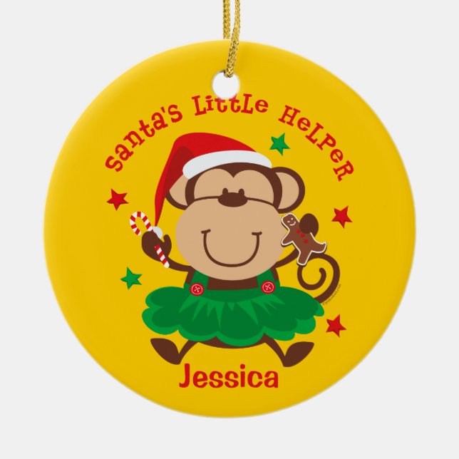 Monkey Girl Santa's Helper Personalised Ornament (Front)