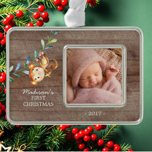 Monkey Girls Baby's First Christmas Photo Ornament
