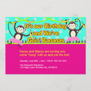 Monkey Girls Birthday Invitations, Twins Invitation