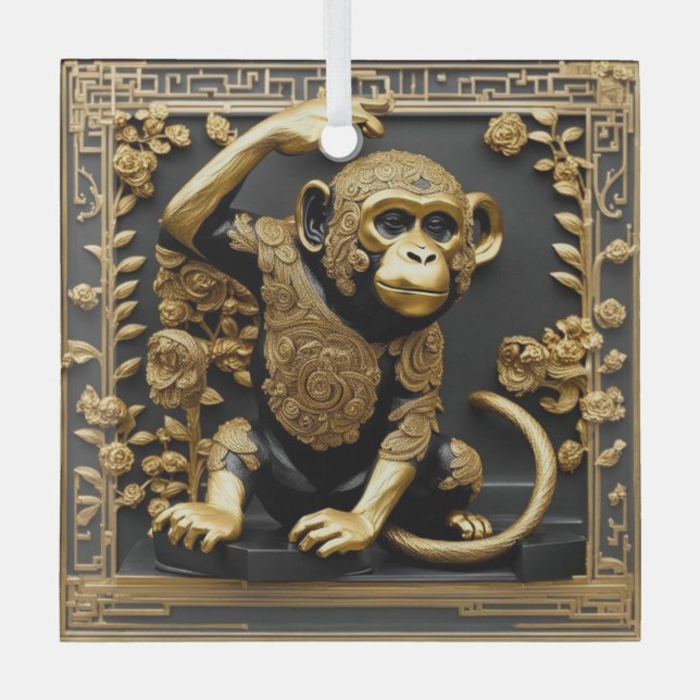 Monkey gold and black ornamental frame glass tree decoration (Front)