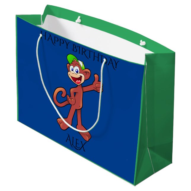 'MONKEY' happy birthday personalised name gift bag (Back Angled)