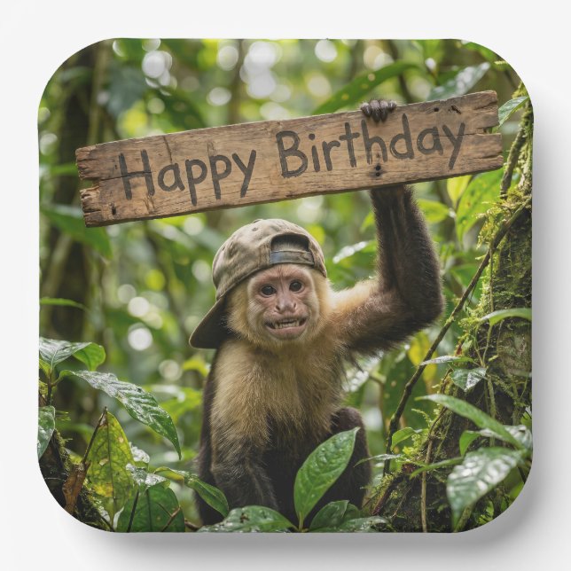 Monkey Holding a Happy Birthday Sign Paper Plate (Front)
