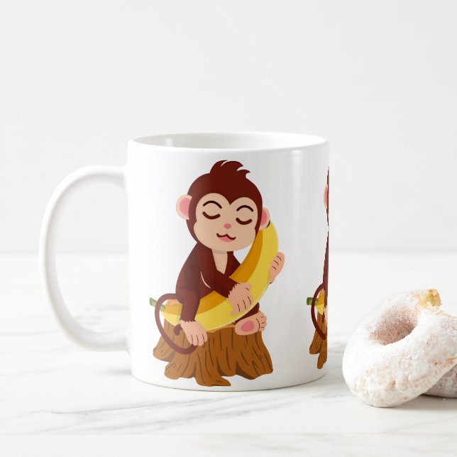 Monkey Holding Banana Cartoon Coffee Mug (With Donut)