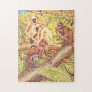 Monkey Illustration Vintage Childrens Book Jigsaw Puzzle
