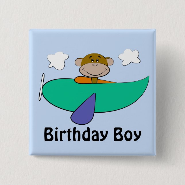 Monkey in Colourful Aeroplane Birthday 15 Cm Square Badge (Front)