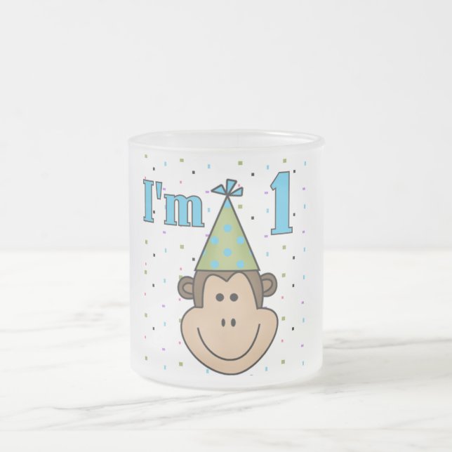 Monkey in Party Hat 1st Birthday Tshirts Frosted Glass Coffee Mug (Center)