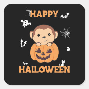 Monkey In Pumpkin Cute Monkeys Happy Halloween Square Sticker