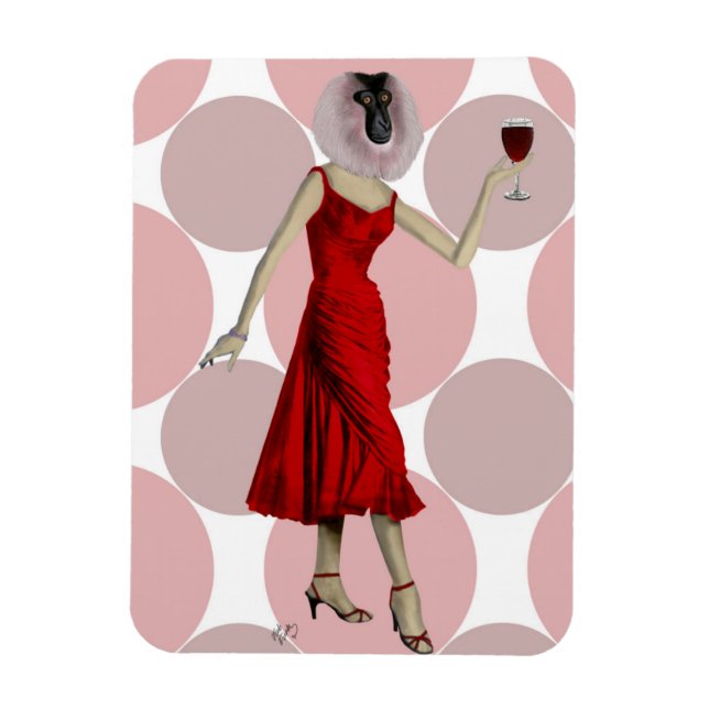Monkey in Red Dress with wine Magnet (Vertical)