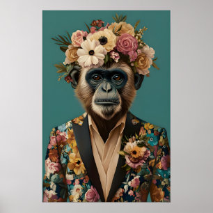 Monkey In Suit Poster, Monkey Portrait, Monkey Oil Poster