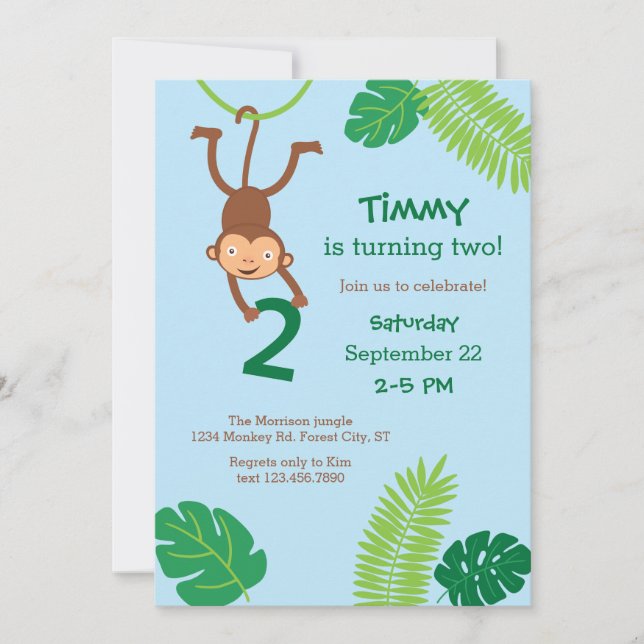 Monkey in the Jungle Second Birthday Invitation (Front)