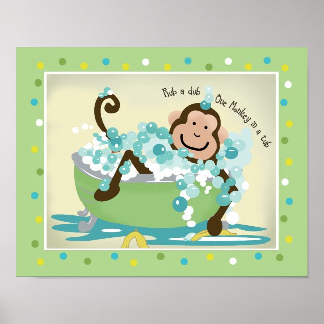 Monkey in Tub Bathroom Art Print - Dark Brown (Front)