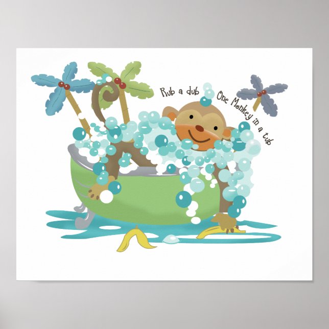 Monkey in Tub Bathroom Art Print - Dark Brown (Front)