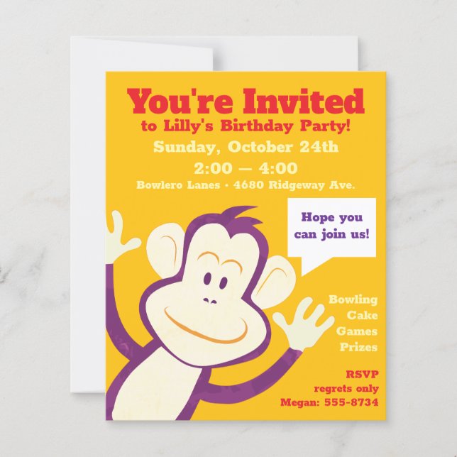 Monkey Invitations for Children's Birthday Party (Front)