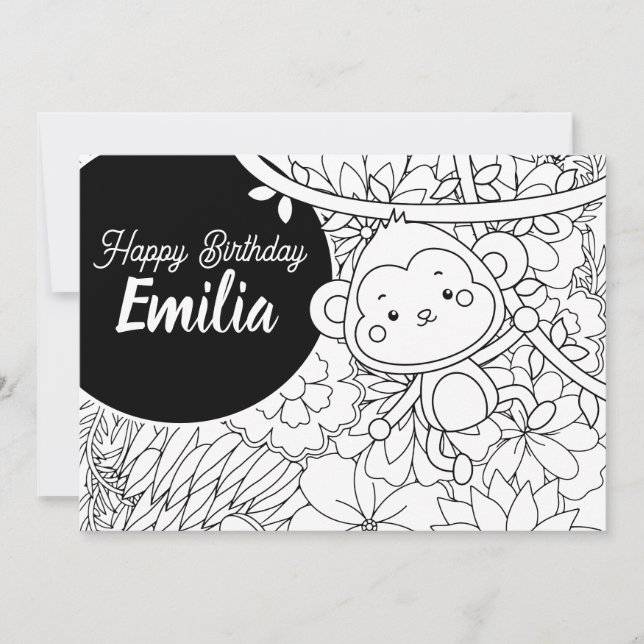 Monkey Kids Birthday Floral Colouring Holiday Card (Front)