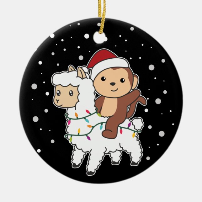 Monkey Lama Christmas Snow Winter Animals Ceramic  Tree Decoration (Front)