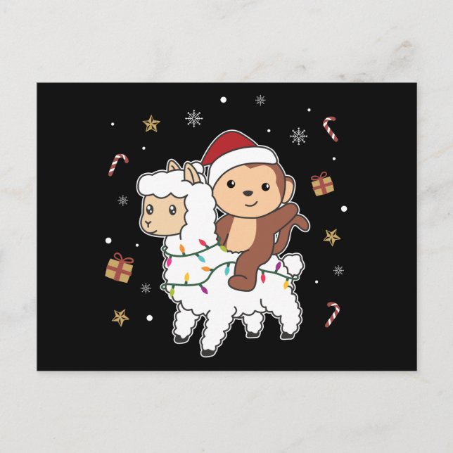 Monkey Lama Christmas Snow Winter Animals Postcard (Front)