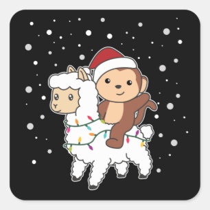 Monkey Lama Christmas Snow Winter Animals Square S Square Sticker