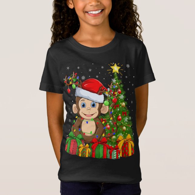 Monkey Lighting Xmas Tree Santa Hat Monkey Christm T-Shirt (Front)