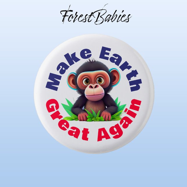 Monkey, Make Earth Great Again, Cute Environmental 3 Cm Round Badge (Monkey 🐒 ForestBabies Button)