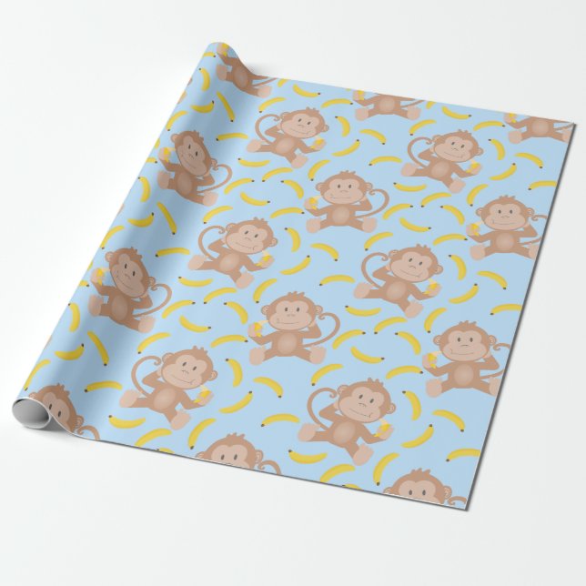 Monkey Munching Banana Blue Wrapping Paper (Unrolled)
