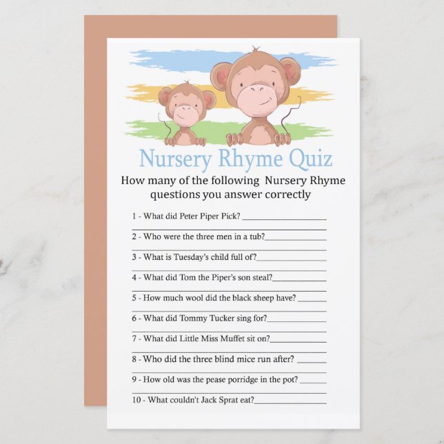 Monkey Nursery Rhyme Quiz baby shower game (Front/Back)